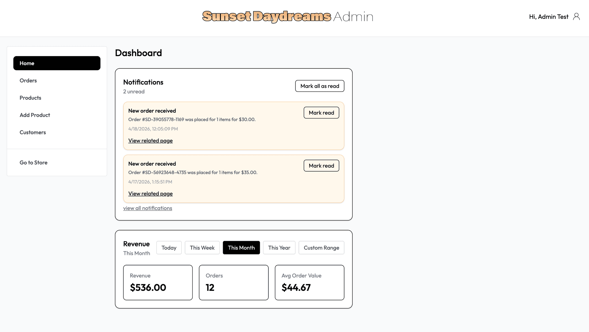 Sunset Daydreams admin dashboard