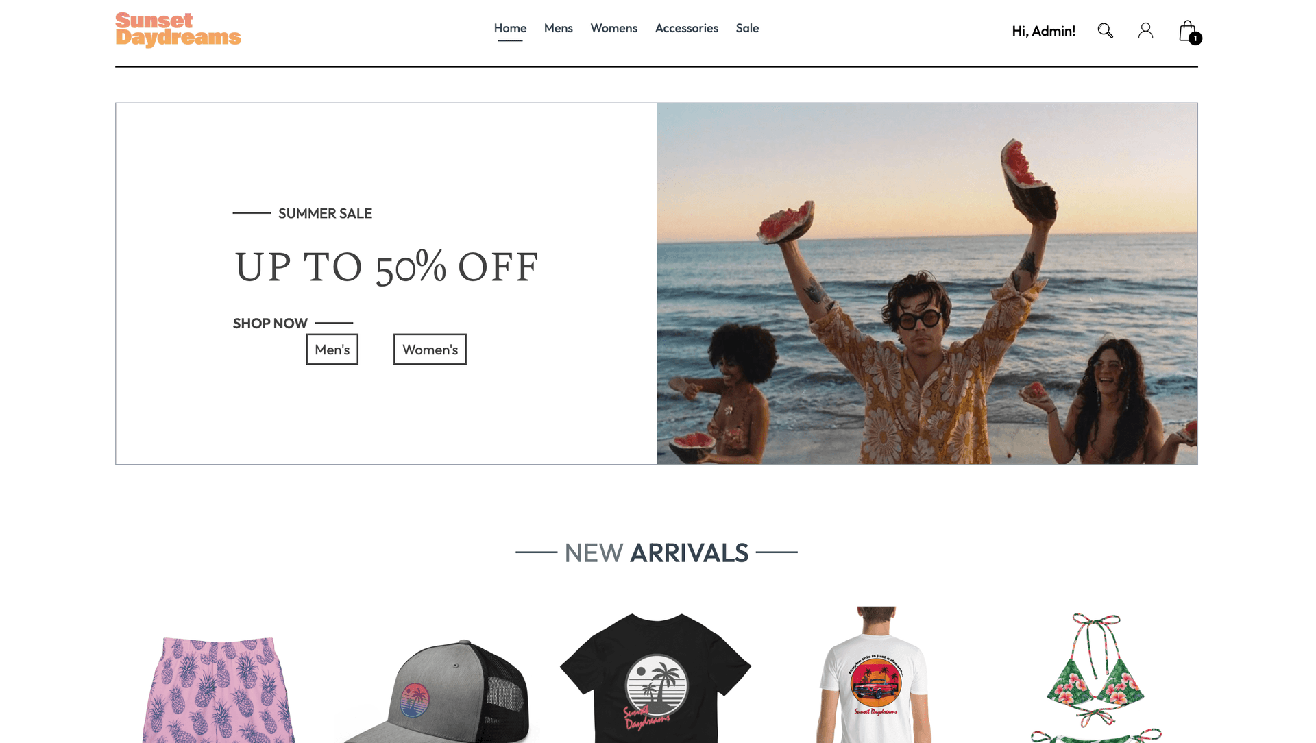 Sunset Daydreams storefront homepage
